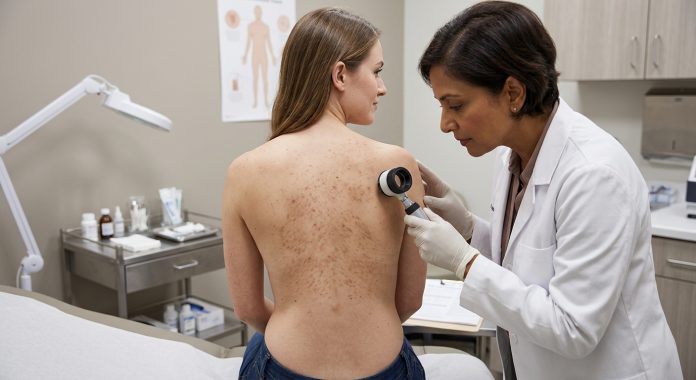 Bumpy Brown Patches on a Woman’s Torso Wiped Away with Alcohol, Revealing a New Form of a Dirt-Like Skin Condition